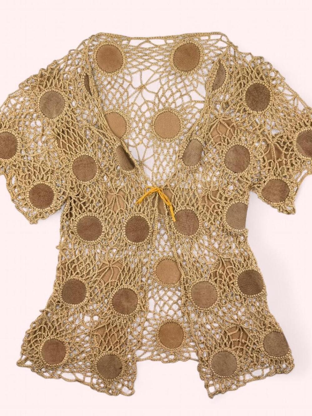 Crochet tan knit top with suede like details